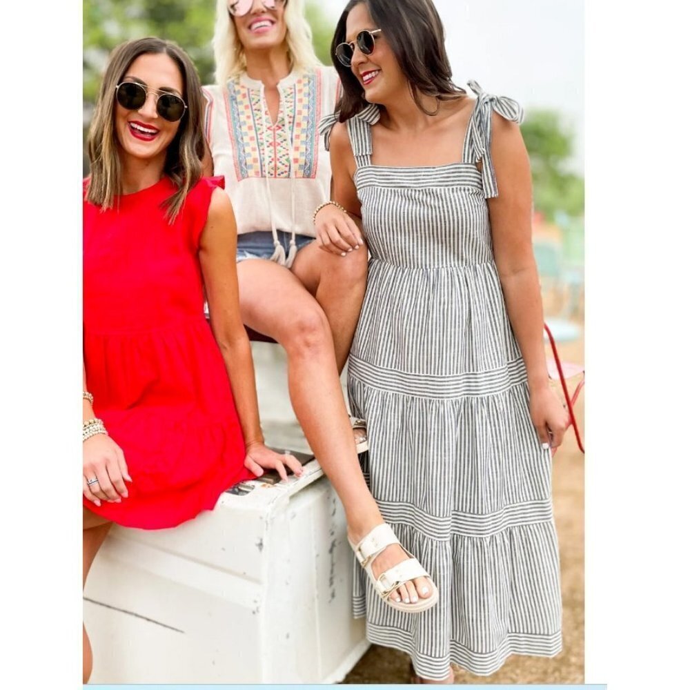 Womens Dress tiered S(4-6) Striped White blue  fit flare Time & Tru Tie Straps